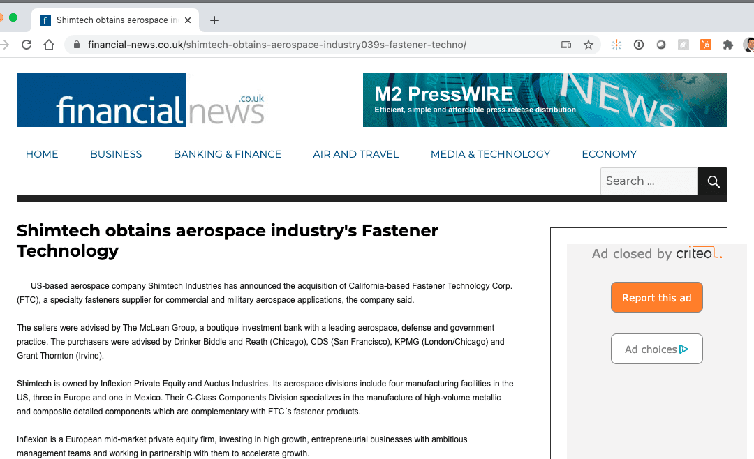 (FinancialNews) Shimtech Obtains Aerospace Industry’s Fastener Technology