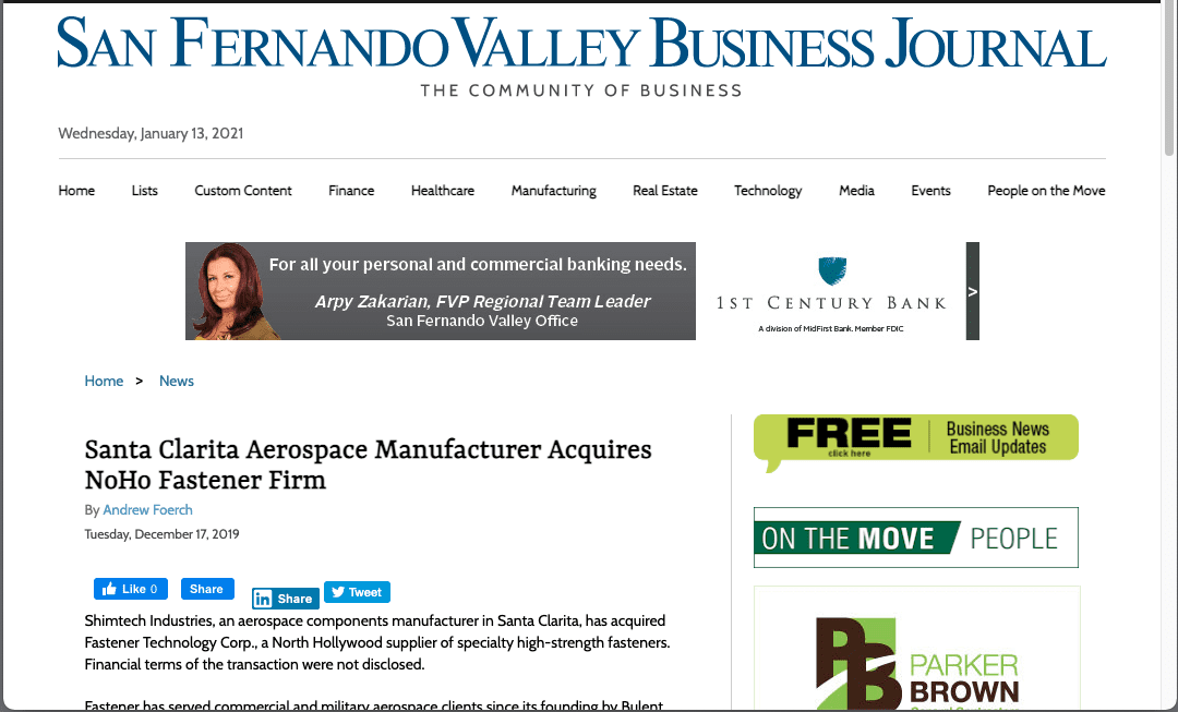 (San Fernando Valley Business Journal) Santa Clarita Aerospace Manufacturer Acquires NoHo Fastener Firm