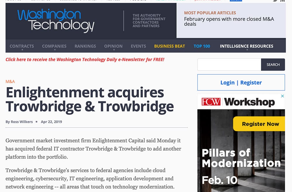 (Washington Technology) Enlightenment acquires Trowbridge & Trowbridge
