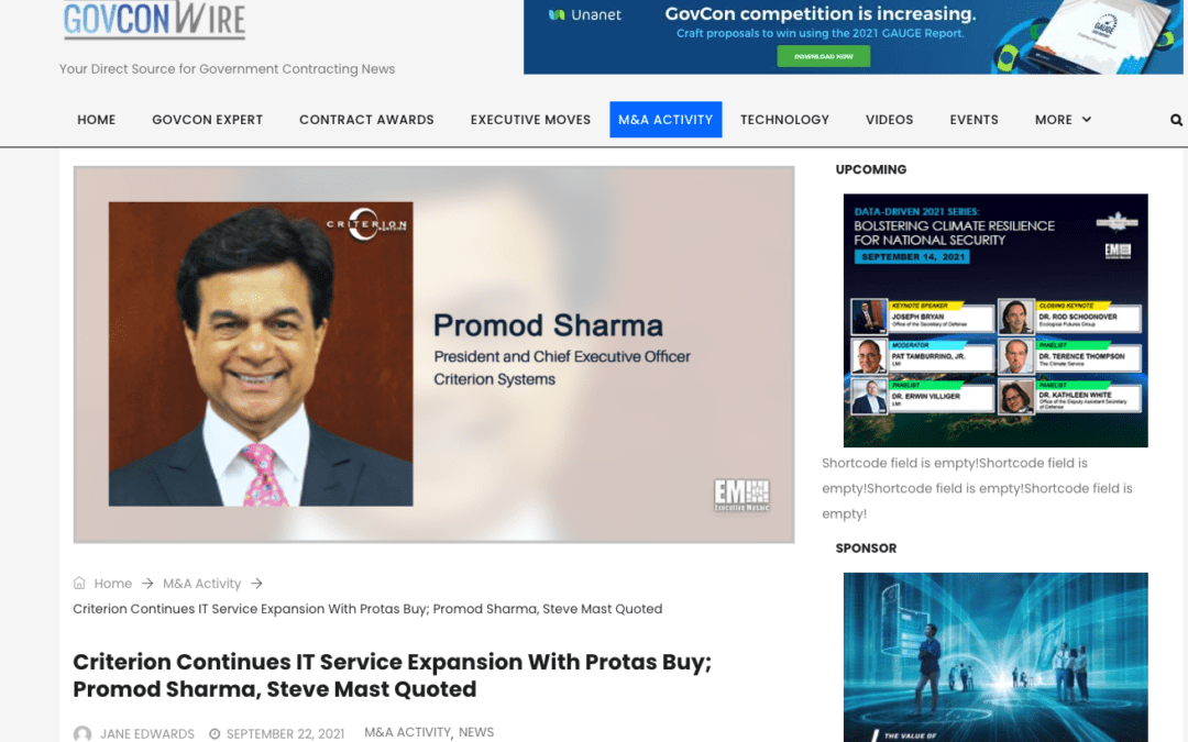 (GovConWire) Criterion Continues IT Service Expansion With Protas Buy