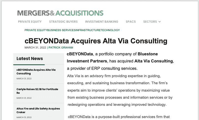 (MERGERS&ACQUISITIONS) cBEYONData Acquires Alta Via Consulting