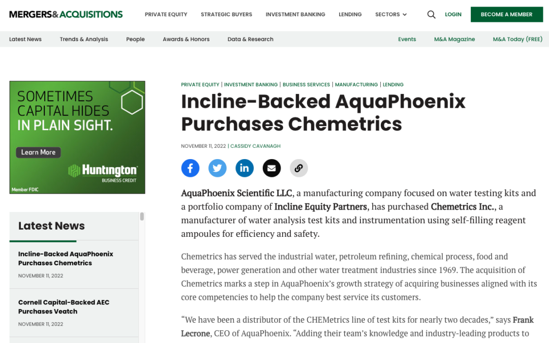 (Mergers&Acquisitions) Incline-Backed AquaPhoenix Purchases Chemetrics