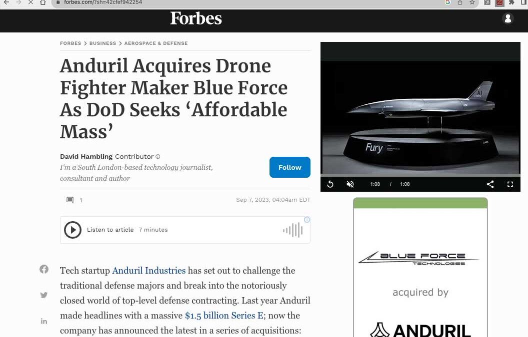 (Forbes) Anduril Acquires Drone Fighter Maker Blue Force As DoD Seeks ‘Affordable Mass’