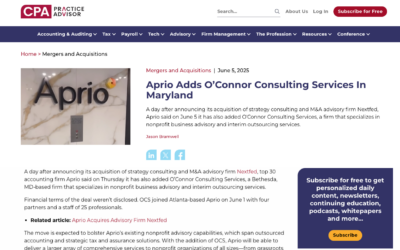 (CPA Practice Advisor) Aprio Adds O’Connor Consulting Services In Maryland